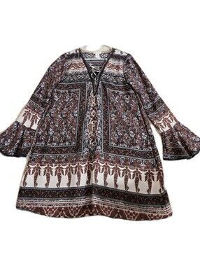 clover scout Boho Style Dress Paisley Bell Sleeve Cottage Sz M  Lace Up Front...